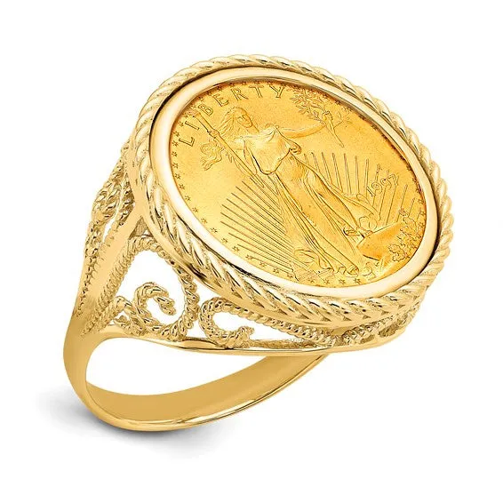 Lacy Rope Coin Ring, 14k Gold with Your Choice of Canadian Maple Leaf or USA Walking Liberty Coin