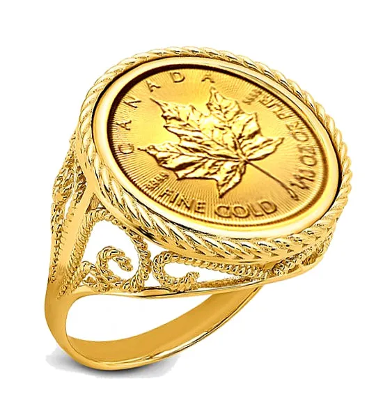 Lacy Rope Coin Ring, 14k Gold with Your Choice of Canadian Maple Leaf or USA Walking Liberty Coin