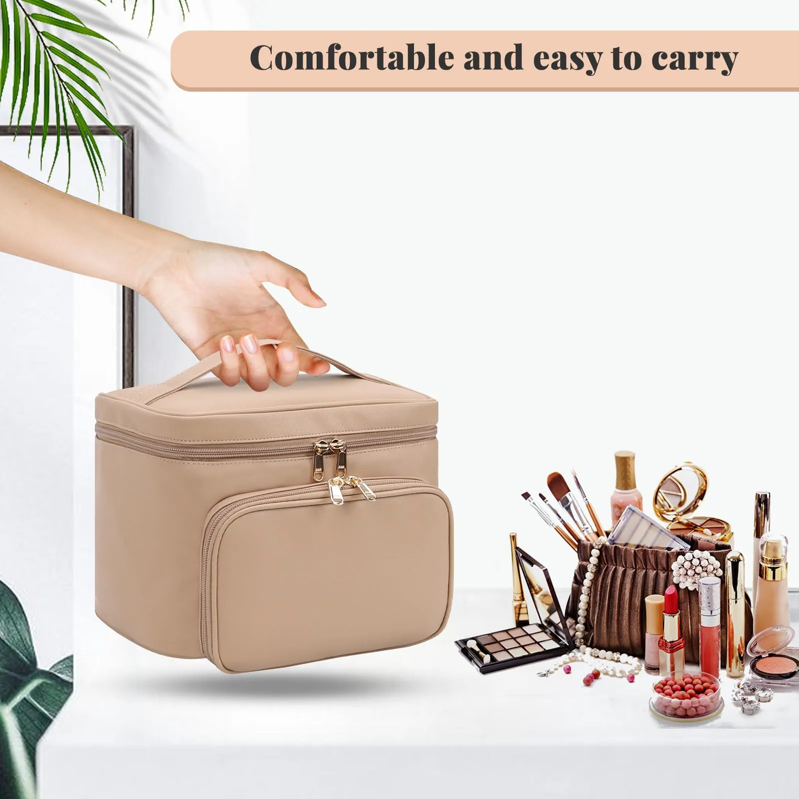 Large Makeup Bag, Portable Travel Makeup Bag for Women Girls with Makeup Brush Compartment, Stylish Makeup Bag Organizer Cosmetic Case With Handle and Divider - Apricot