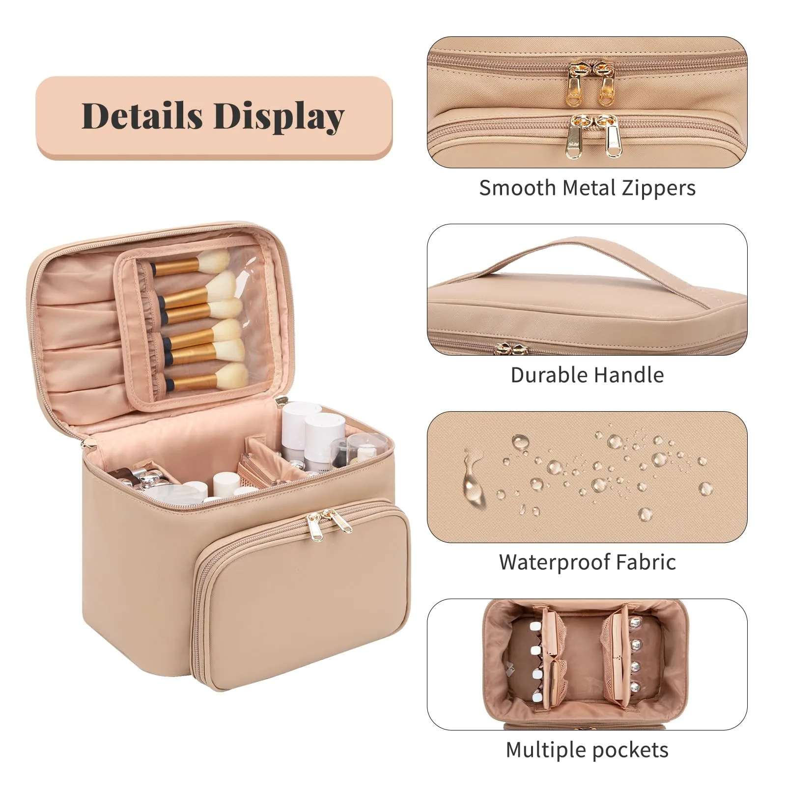 Large Makeup Bag, Portable Travel Makeup Bag for Women Girls with Makeup Brush Compartment, Stylish Makeup Bag Organizer Cosmetic Case With Handle and Divider - Apricot