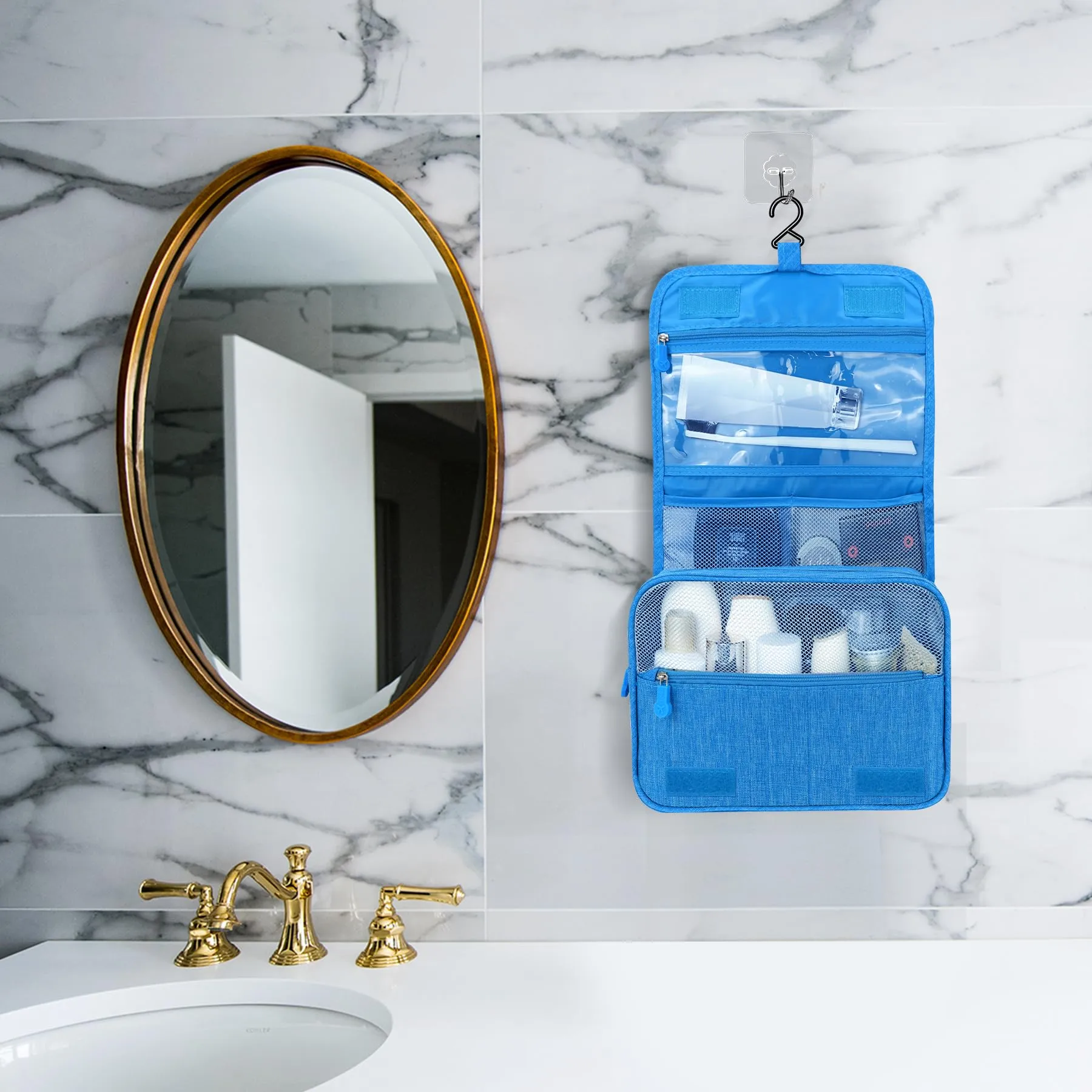 Lcsmaokin Large Capacity Toiletry Bag Travel Bag with Hanging Hook for Men and Women Waterproof Travel Cosmetic Bag Bathroom Storage Bag for Brushes Set, Full-Sized Shampoo, Toiletries, (Sky Blue)