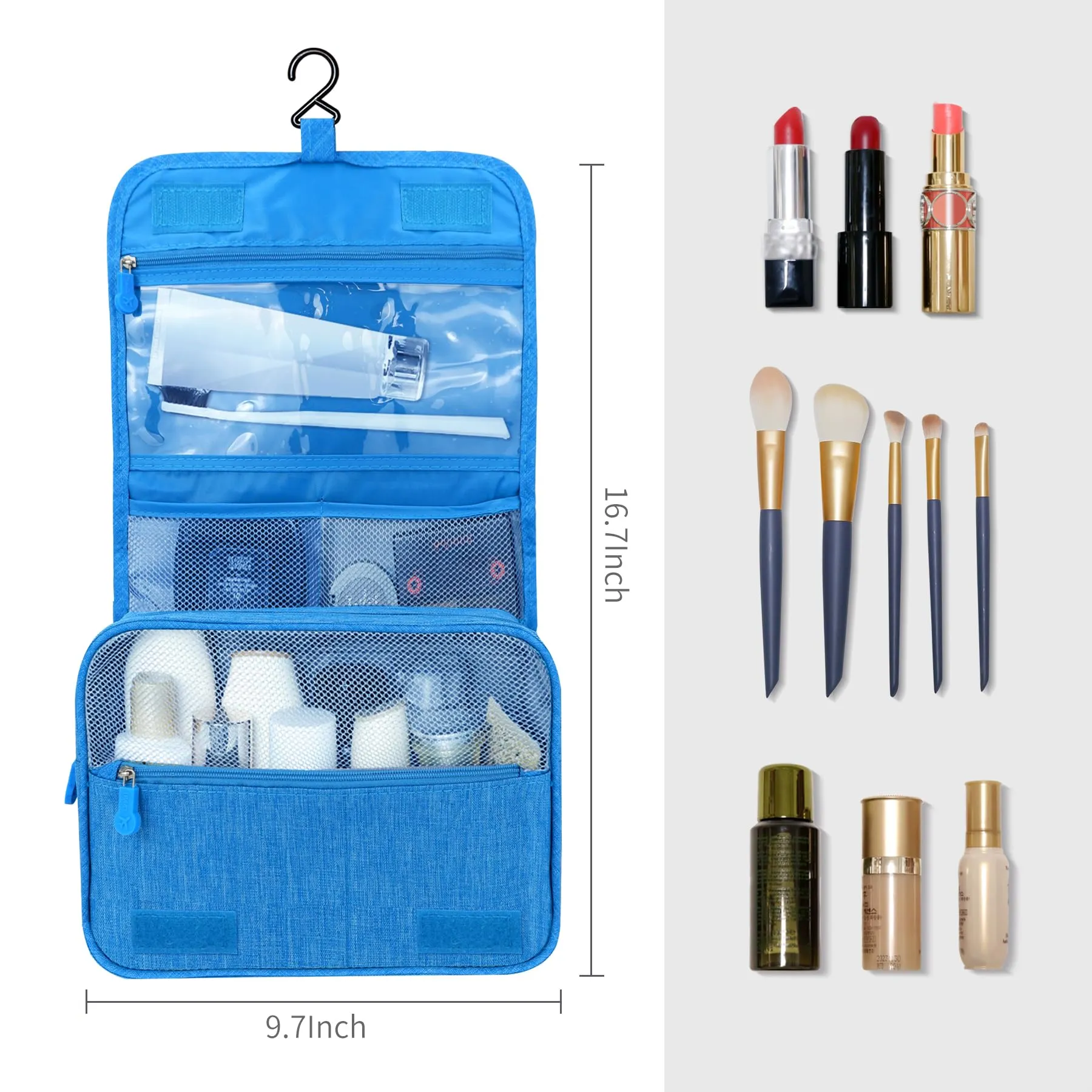 Lcsmaokin Large Capacity Toiletry Bag Travel Bag with Hanging Hook for Men and Women Waterproof Travel Cosmetic Bag Bathroom Storage Bag for Brushes Set, Full-Sized Shampoo, Toiletries, (Sky Blue)