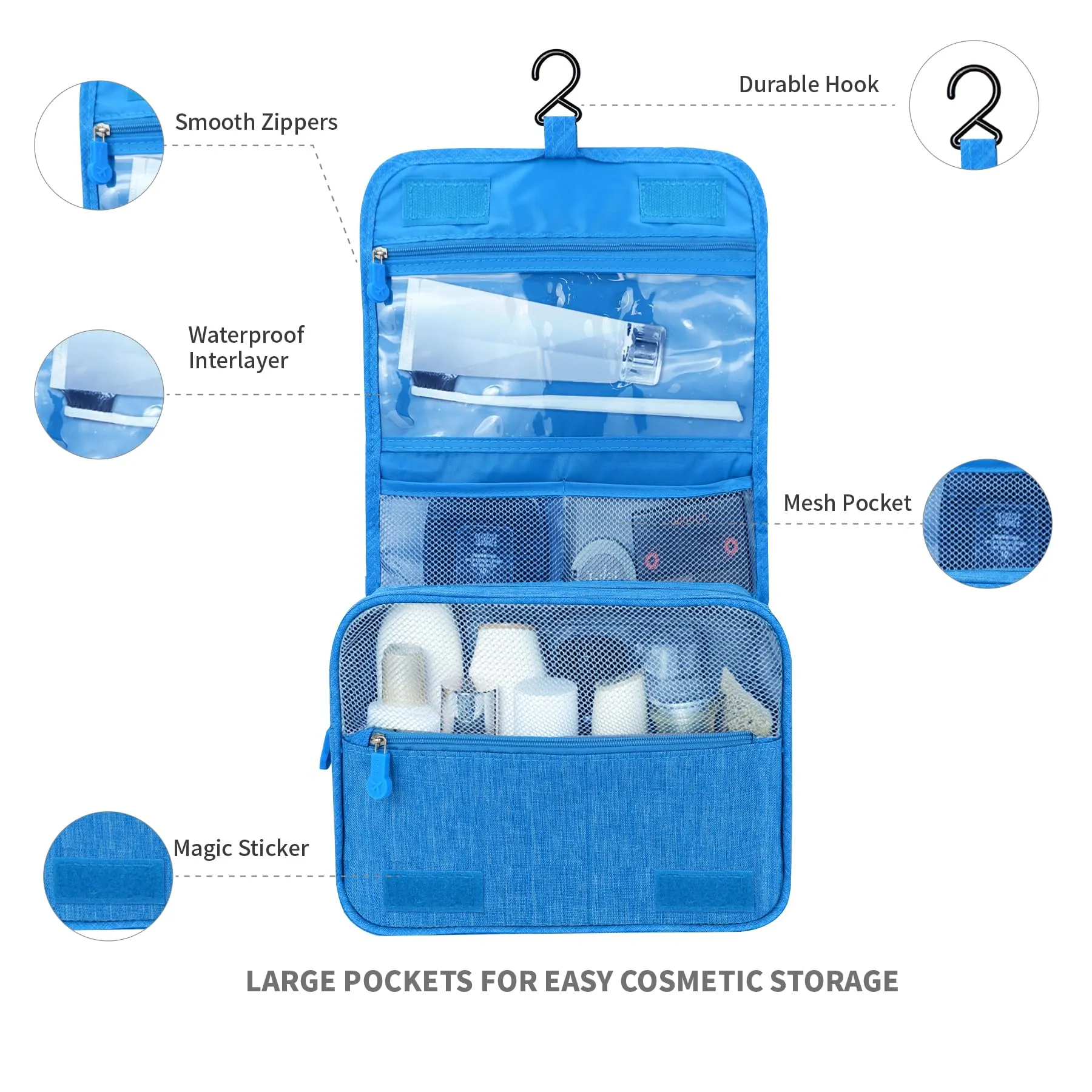 Lcsmaokin Large Capacity Toiletry Bag Travel Bag with Hanging Hook for Men and Women Waterproof Travel Cosmetic Bag Bathroom Storage Bag for Brushes Set, Full-Sized Shampoo, Toiletries, (Sky Blue)