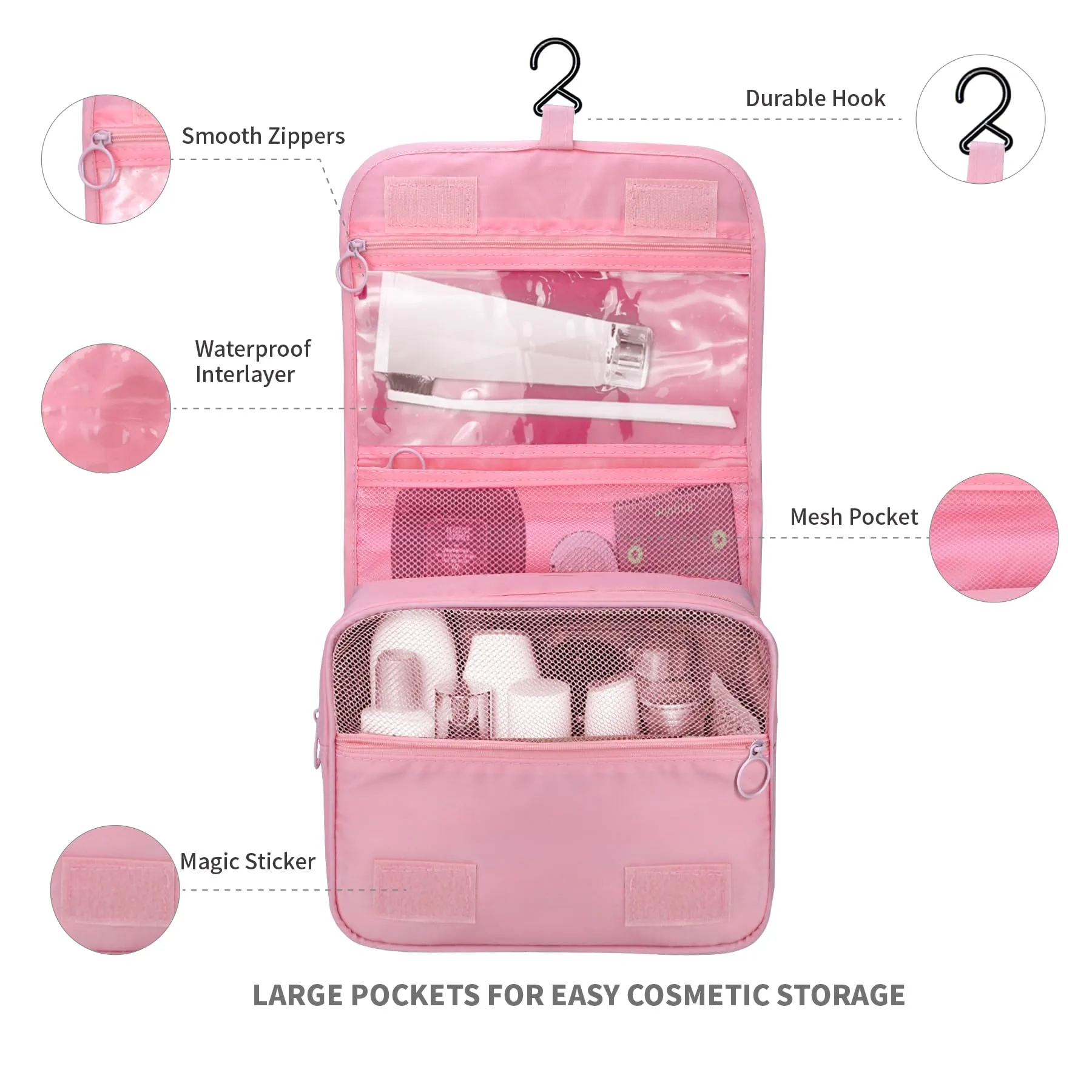 Lcsmaokin Large Capacity Toiletry Bag Travel Bag with Hanging Hook for Men and Women Waterproof Travel Cosmetic Bag Bathroom Storage Bag for Brushes Set, Full-Sized Shampoo,Accessories(Pink)