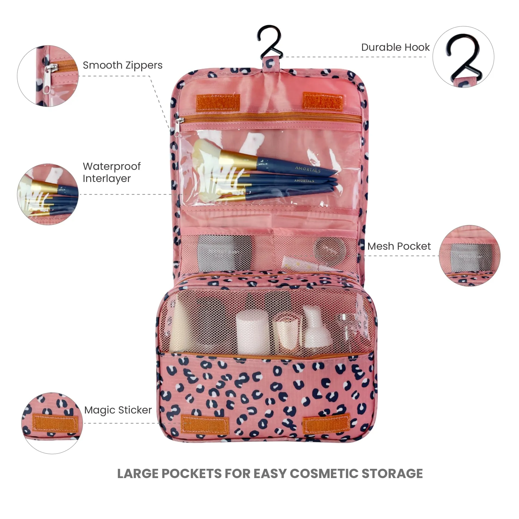 Lcsmaokin Large Capacity Toiletry Bag Travel Bag with Hanging Hook for Men and Women Waterproof Travel Cosmetic Bag Bathroom Storage Bag for Brushes Set,Full-Sized Shampoo,Accessories-Pink Leopard
