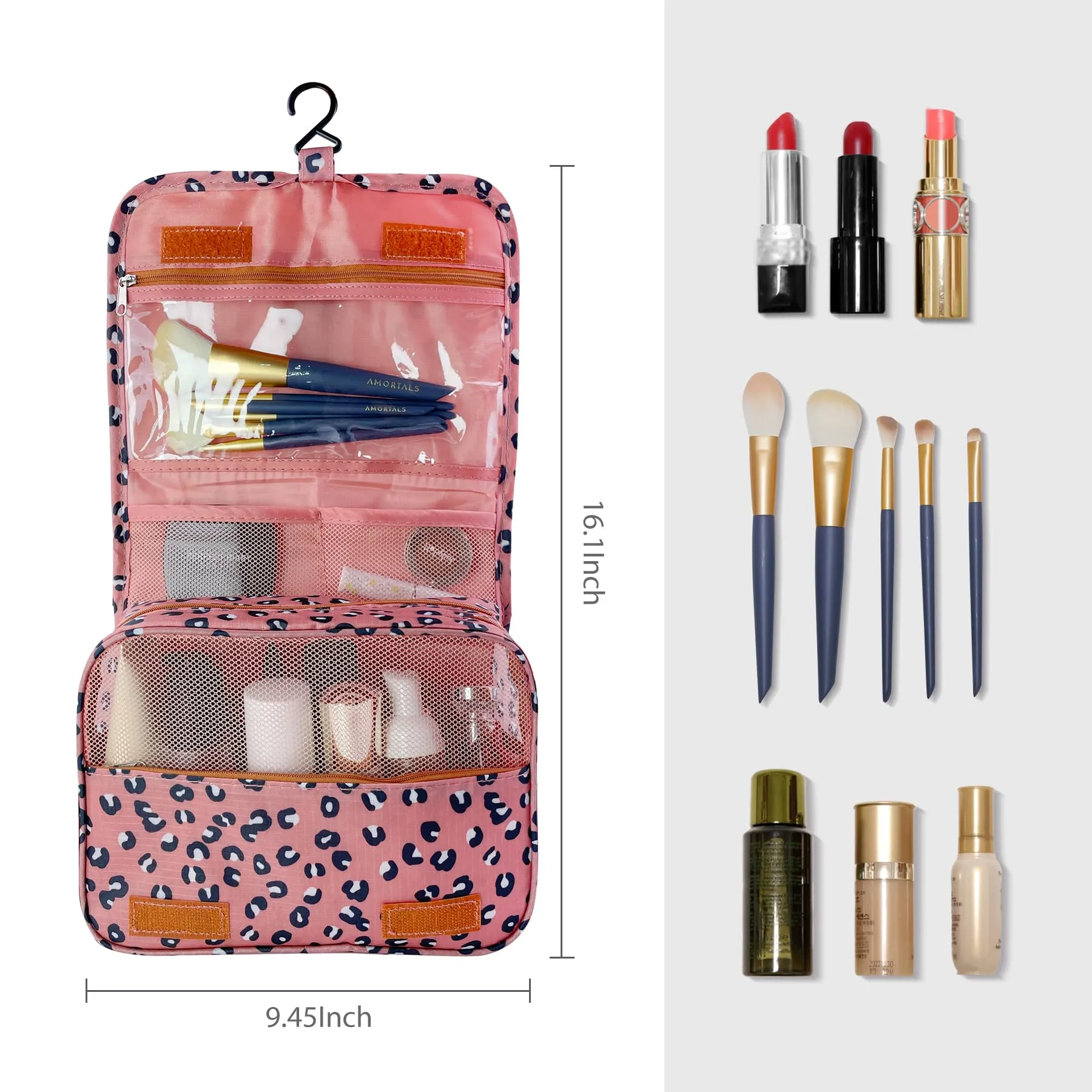 Lcsmaokin Large Capacity Toiletry Bag Travel Bag with Hanging Hook for Men and Women Waterproof Travel Cosmetic Bag Bathroom Storage Bag for Brushes Set,Full-Sized Shampoo,Accessories-Pink Leopard