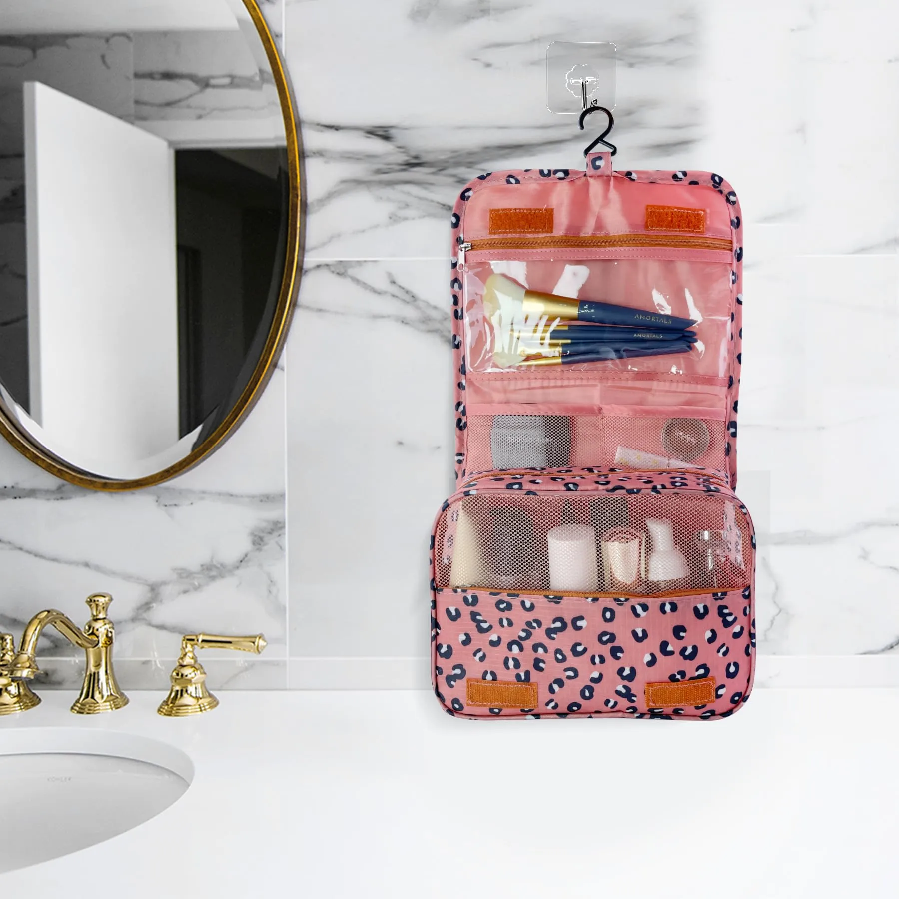 Lcsmaokin Large Capacity Toiletry Bag Travel Bag with Hanging Hook for Men and Women Waterproof Travel Cosmetic Bag Bathroom Storage Bag for Brushes Set,Full-Sized Shampoo,Accessories-Pink Leopard