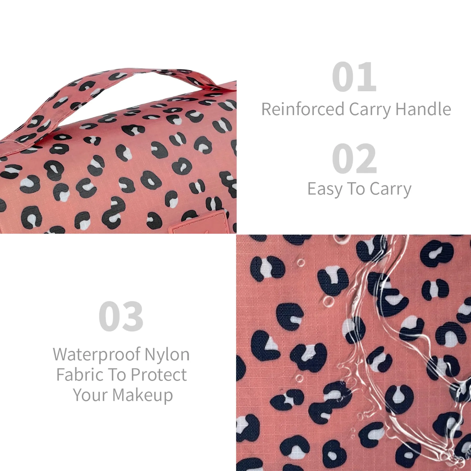 Lcsmaokin Large Capacity Toiletry Bag Travel Bag with Hanging Hook for Men and Women Waterproof Travel Cosmetic Bag Bathroom Storage Bag for Brushes Set,Full-Sized Shampoo,Accessories-Pink Leopard