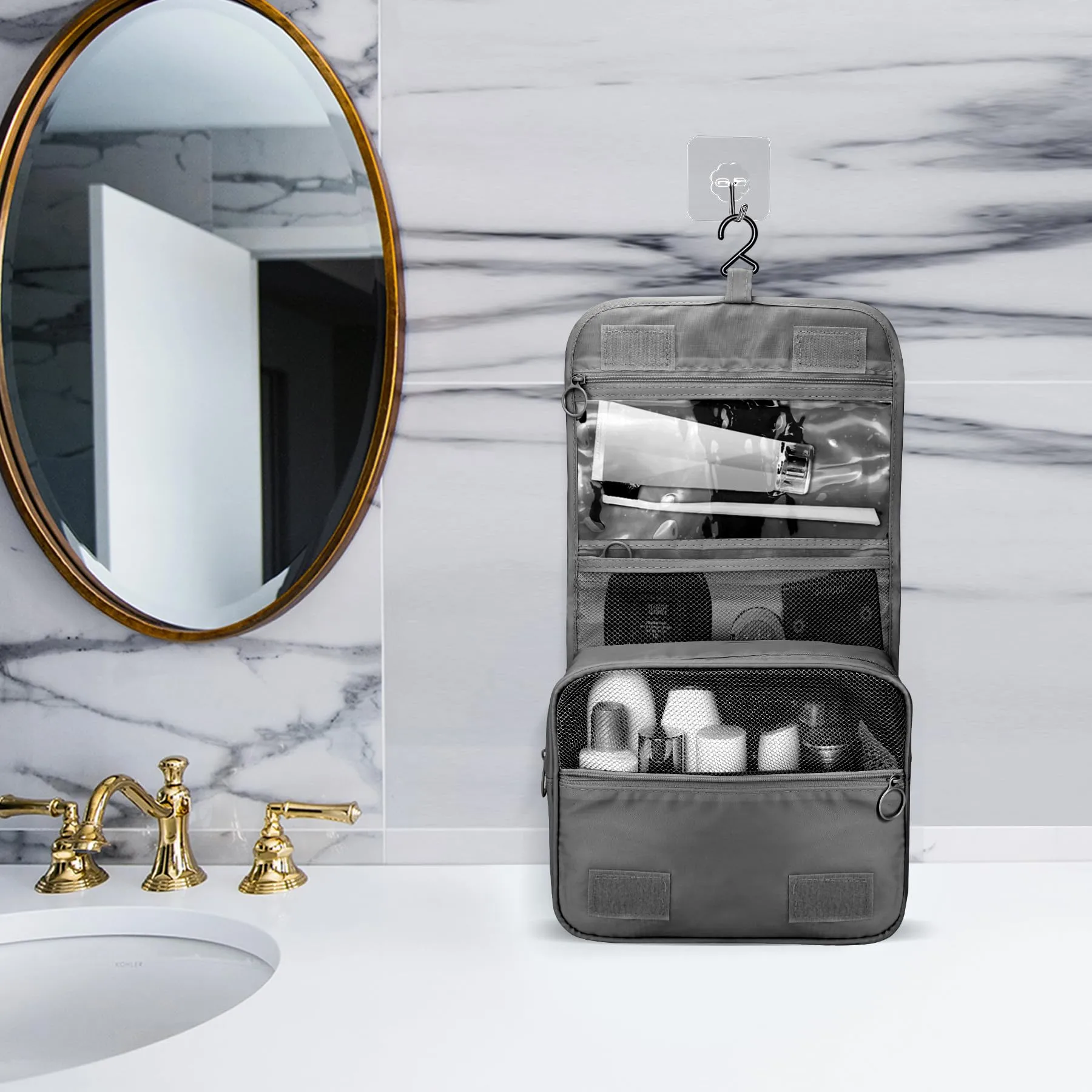 Lcsmaokin Large Capacity Travel Toiletry Bag with Hanging Hook for Men and Women Waterproof Travel Bathroom Storage Bag for Brushes Set,Mens Bathroom Bag Accessories-Black