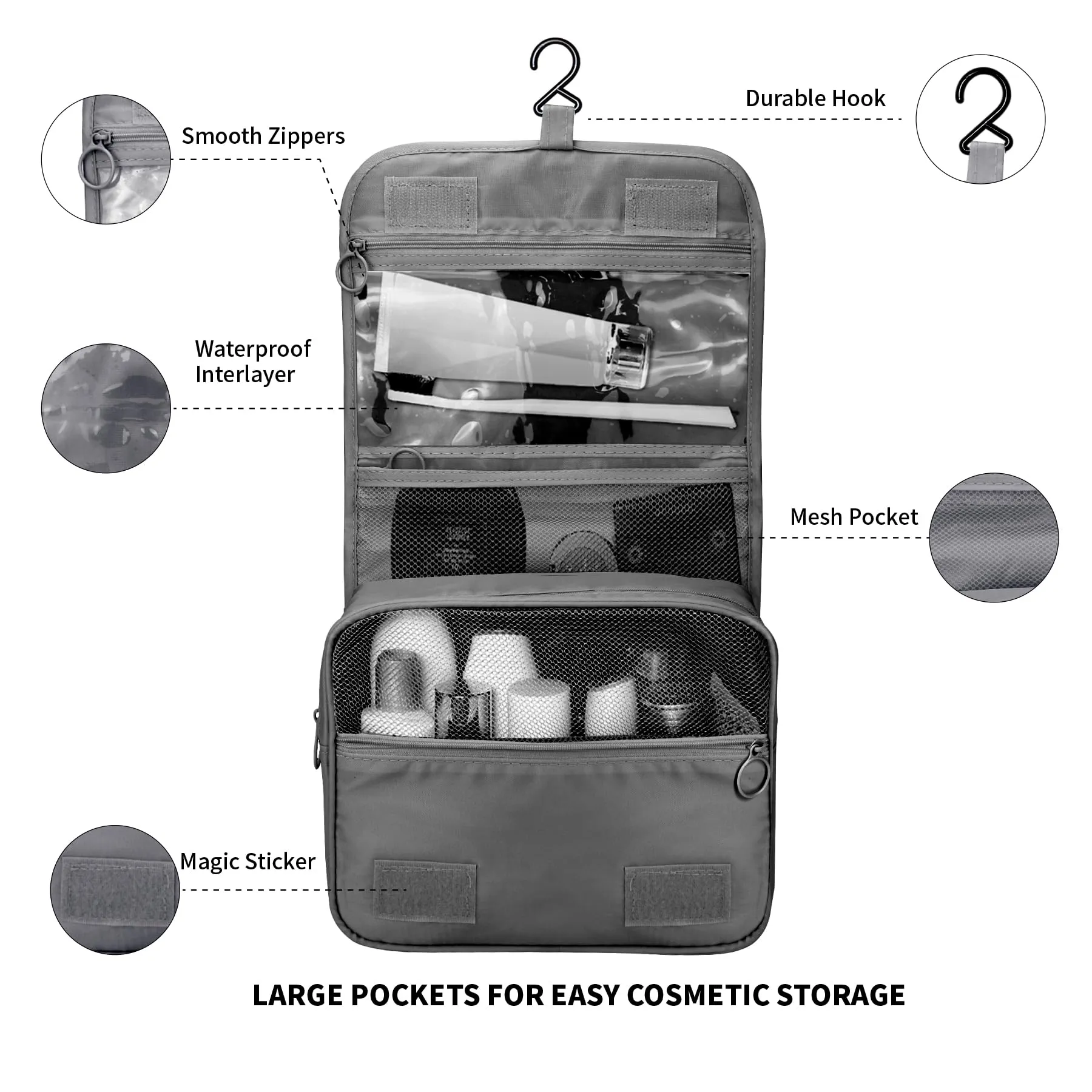 Lcsmaokin Large Capacity Travel Toiletry Bag with Hanging Hook for Men and Women Waterproof Travel Bathroom Storage Bag for Brushes Set,Mens Bathroom Bag Accessories-Black