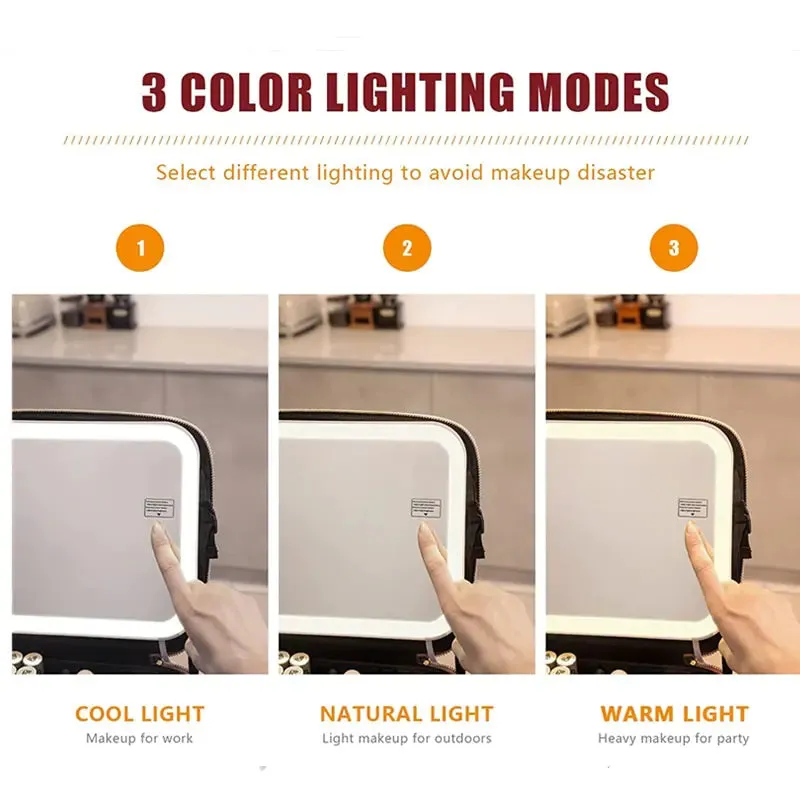 LED Light Mirror Cosmetic Organizer Bag