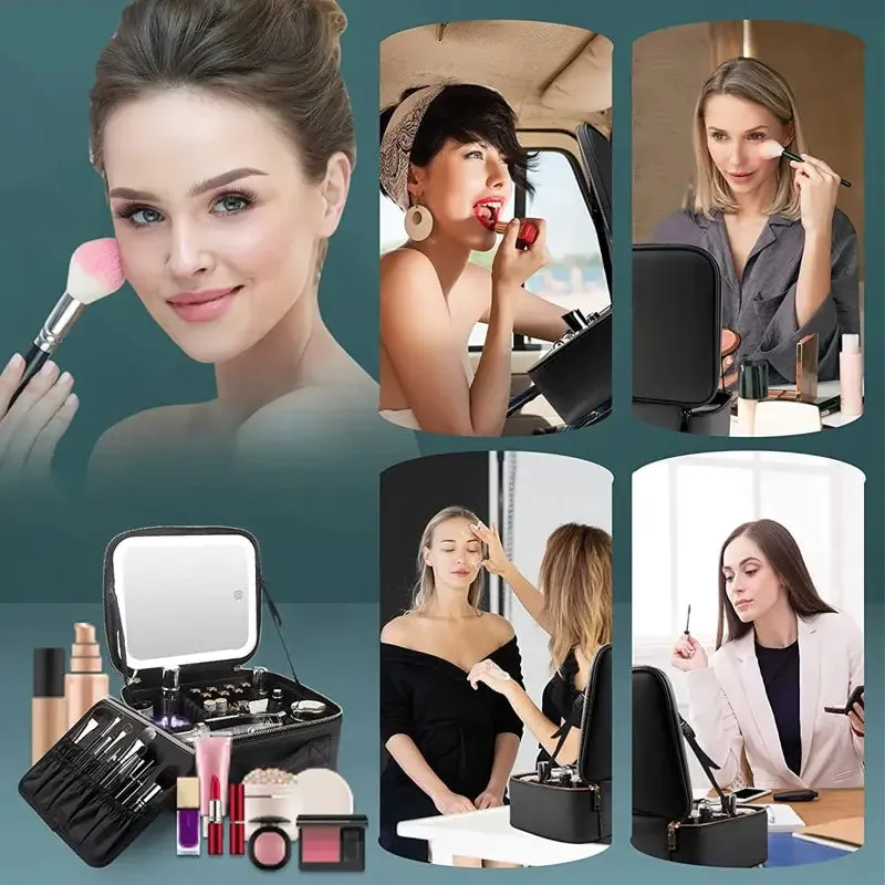 LED Light Mirror Cosmetic Organizer Bag