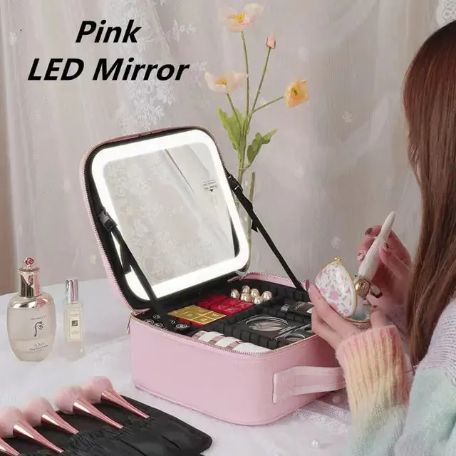 LED Light Mirror Cosmetic Organizer Bag