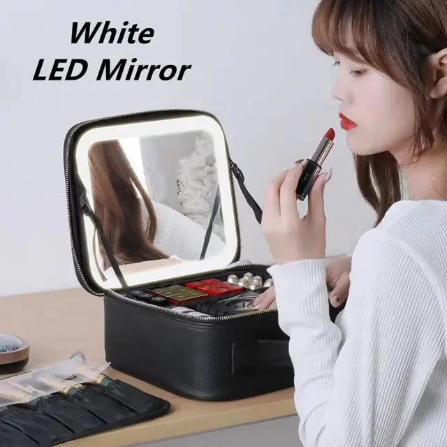 LED Light Mirror Cosmetic Organizer Bag