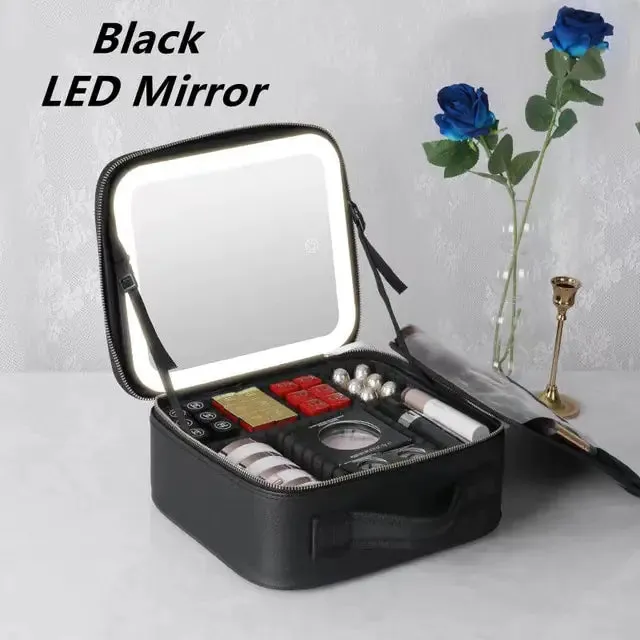LED Light Mirror Cosmetic Organizer Bag