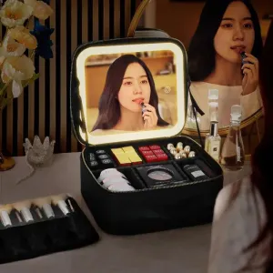 LED Light Mirror Cosmetic Organizer Bag