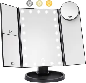 Lighted Makeup Mirror with 22 LED Lights, Dual Power Supply 1x/2x/3x/10x Magnifying Touch Screen - Black- new but missing battery cover, scruffy open box