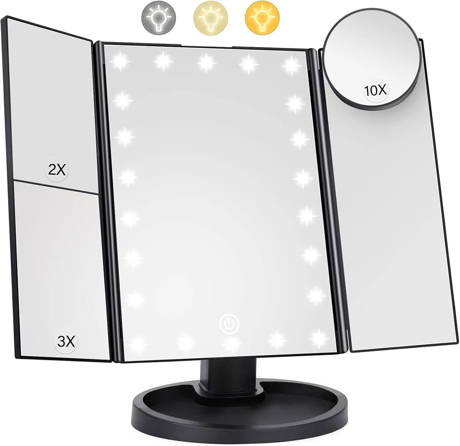 Lighted Makeup Mirror with 22 LED Lights, Dual Power Supply 1x/2x/3x/10x Magnifying Touch Screen - Black- new but missing battery cover, scruffy open box