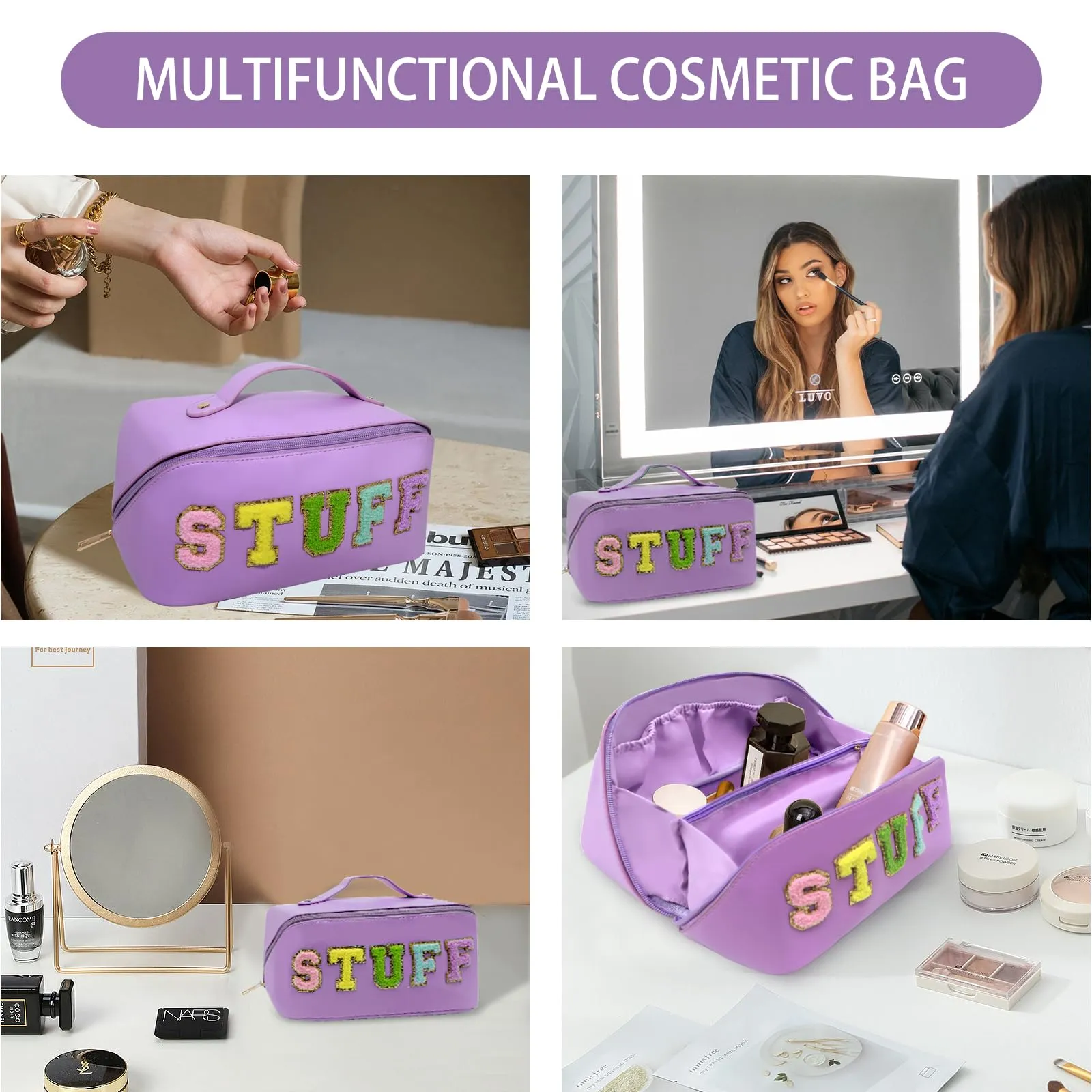 LO LORD LO Cosmetic Bag Travel Makeup Toiletry Bag Large Capacity Chenille Letter Stuff Tote for Women Purple