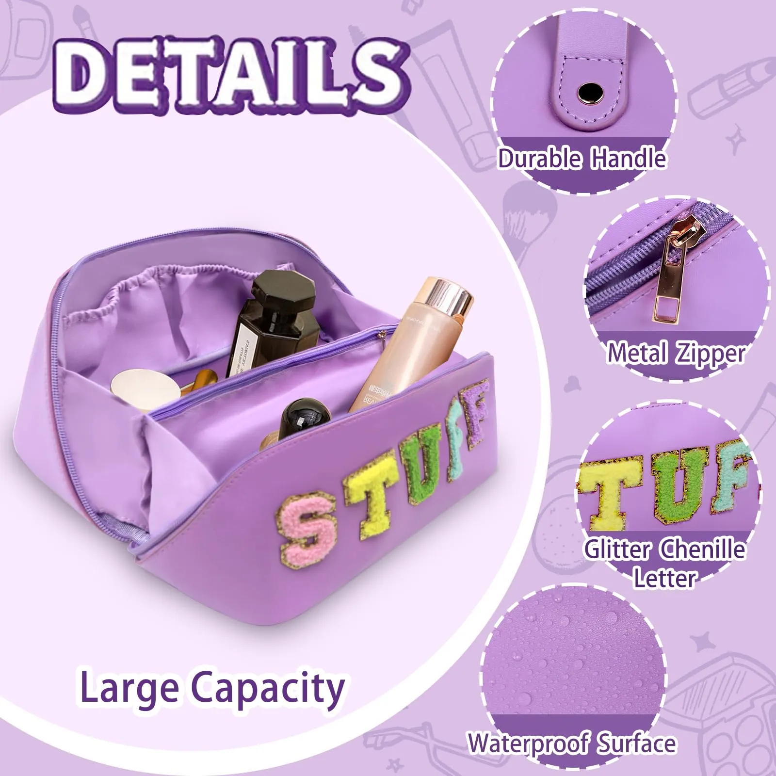 LO LORD LO Cosmetic Bag Travel Makeup Toiletry Bag Large Capacity Chenille Letter Stuff Tote for Women Purple