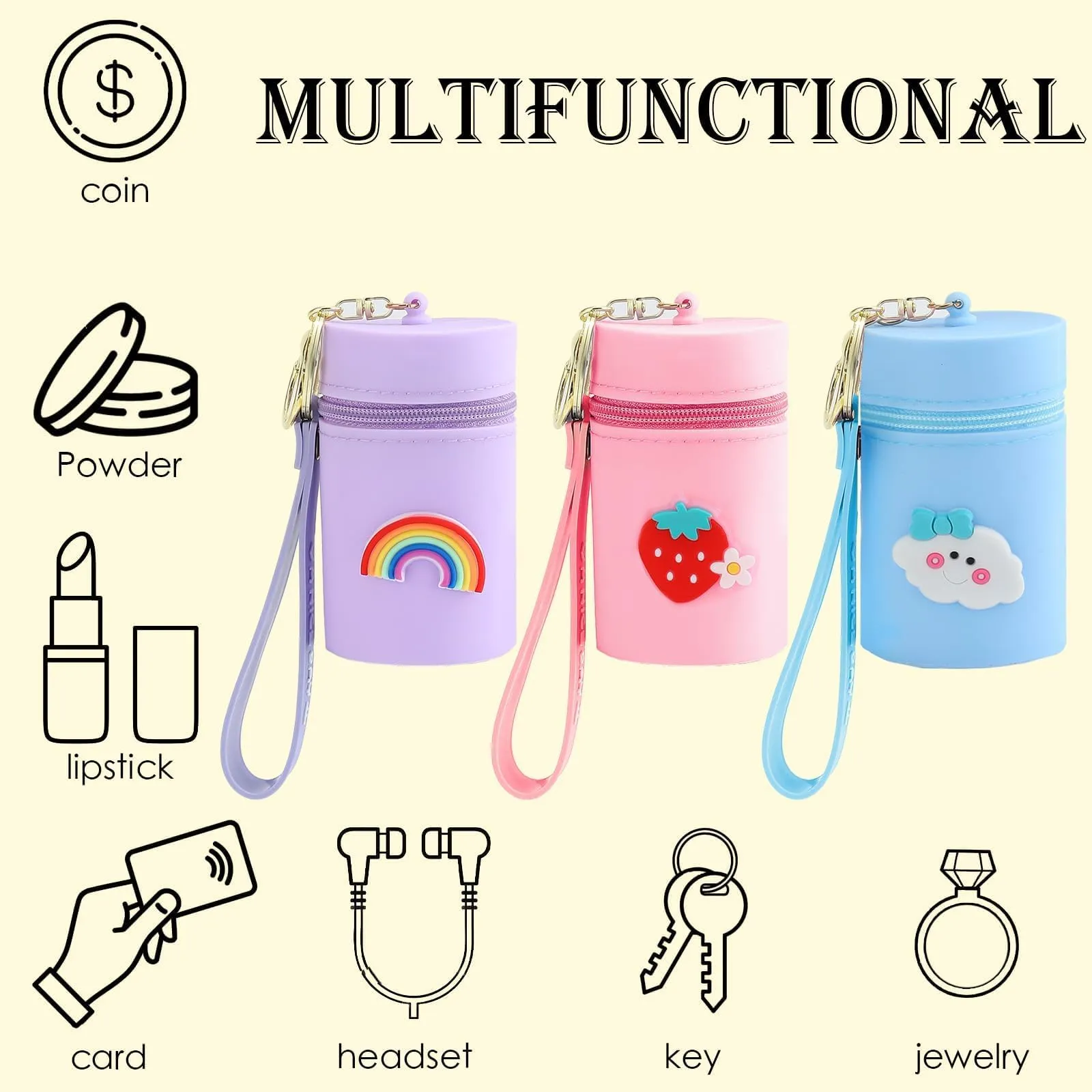 LYDZTION 3Pcs Mini Makeup Bag Cute Cosmetic Bag for Women, Silicone Makeup Bag Key Pocket Lipstick Bag Card Holder Data Cable Organizer Zipper Pouch,Pink Blue Purple