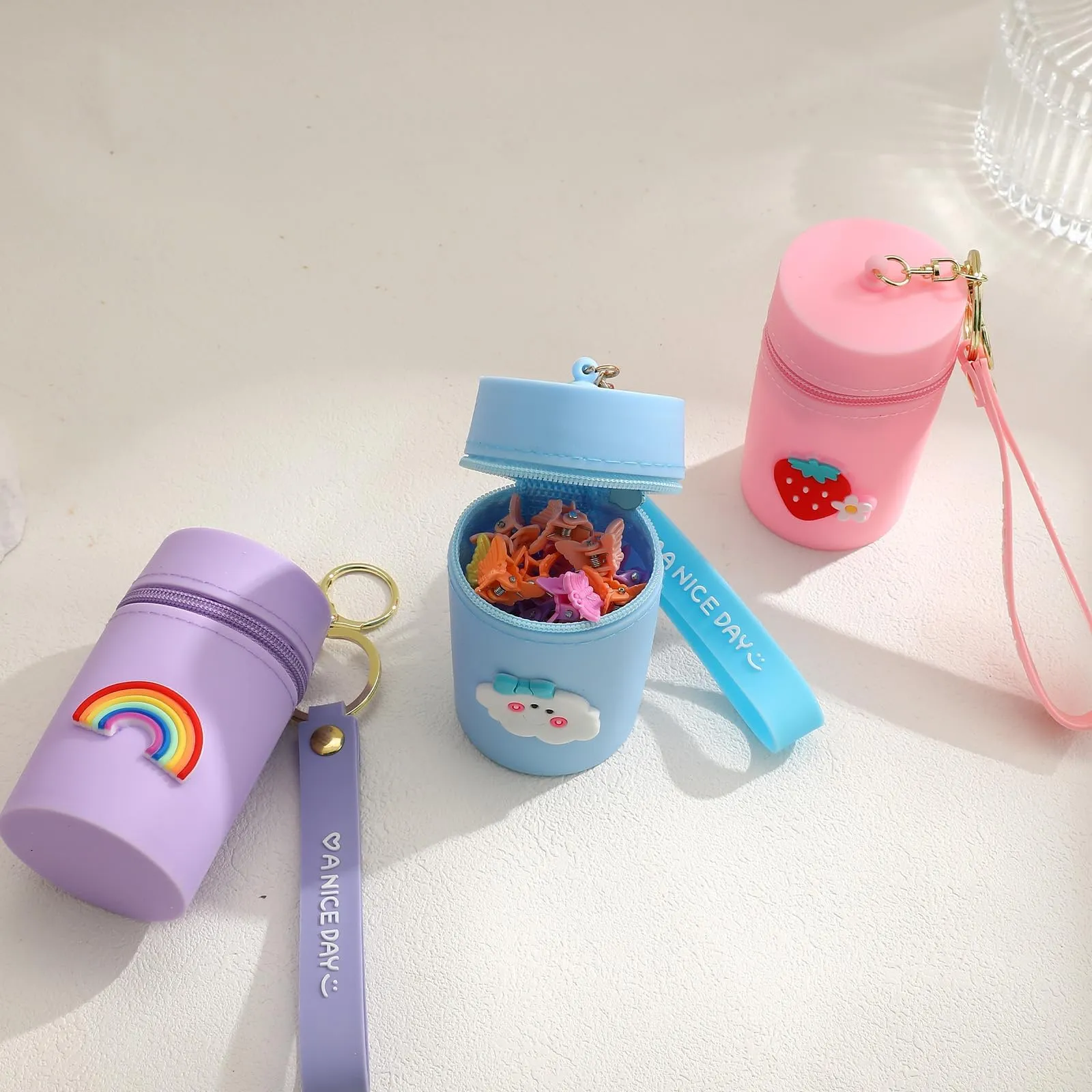 LYDZTION 3Pcs Mini Makeup Bag Cute Cosmetic Bag for Women, Silicone Makeup Bag Key Pocket Lipstick Bag Card Holder Data Cable Organizer Zipper Pouch,Pink Blue Purple