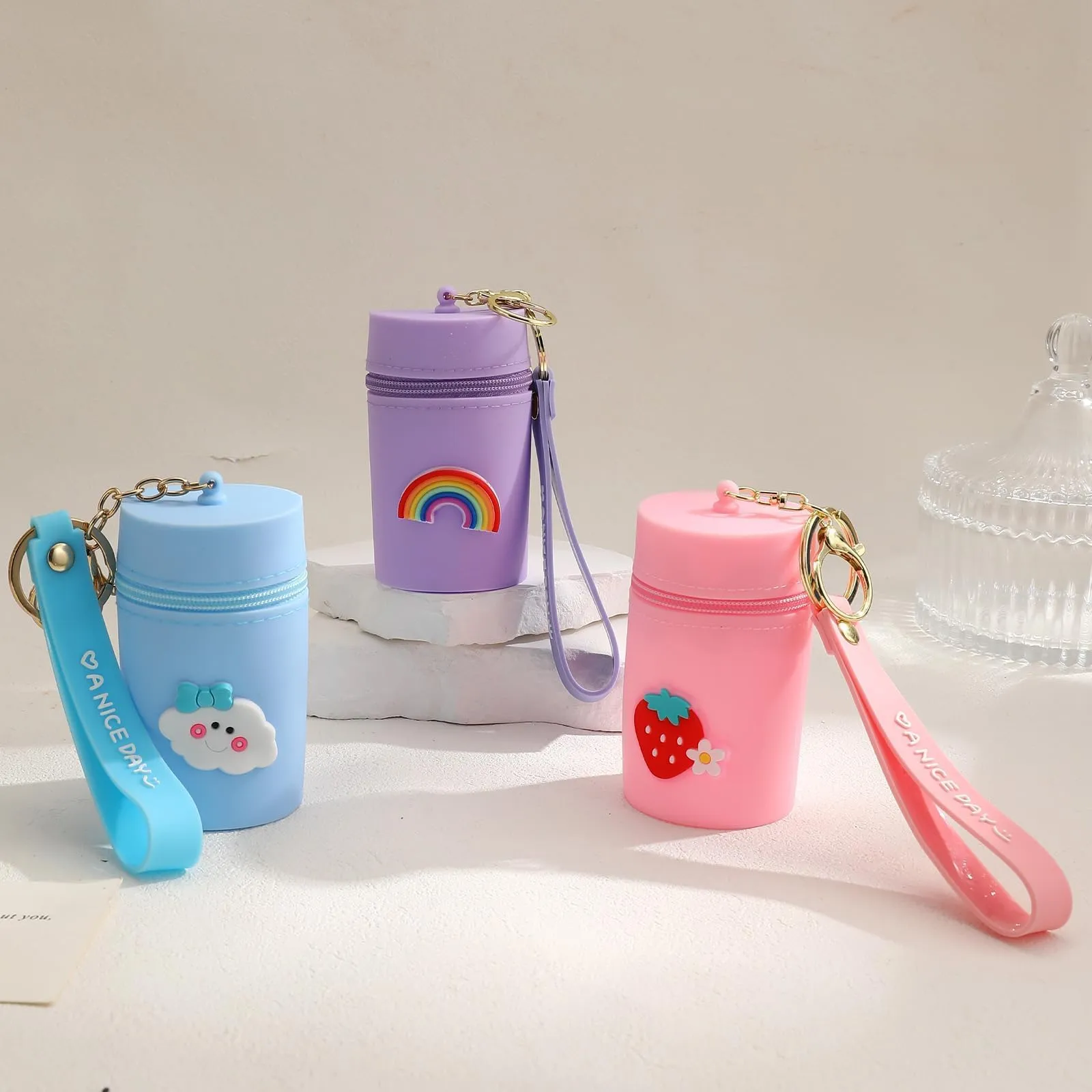 LYDZTION 3Pcs Mini Makeup Bag Cute Cosmetic Bag for Women, Silicone Makeup Bag Key Pocket Lipstick Bag Card Holder Data Cable Organizer Zipper Pouch,Pink Blue Purple