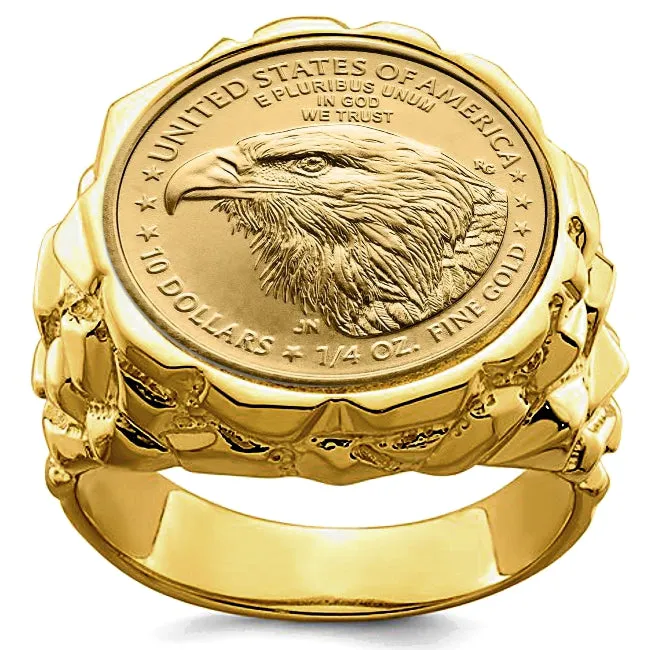 Men's Heavy 14k Gold Nugget Coin Ring, Available with either 1/10 or 1/4 ounce USA Gold Eagle Coin