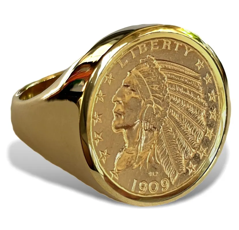 Men's Rare Half Eagle Indian Head Gold Coin Ring, Large and Dramatic, in Your Choice of  10k, 14k 0r 18k Gold