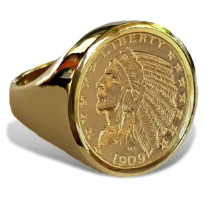 Men's Rare Half Eagle Indian Head Gold Coin Ring, Large and Dramatic, in Your Choice of  10k, 14k 0r 18k Gold
