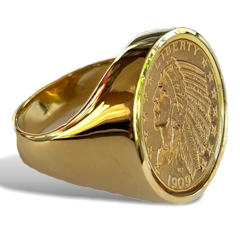 Men's Rare Half Eagle Indian Head Gold Coin Ring, Large and Dramatic, in Your Choice of  10k, 14k 0r 18k Gold