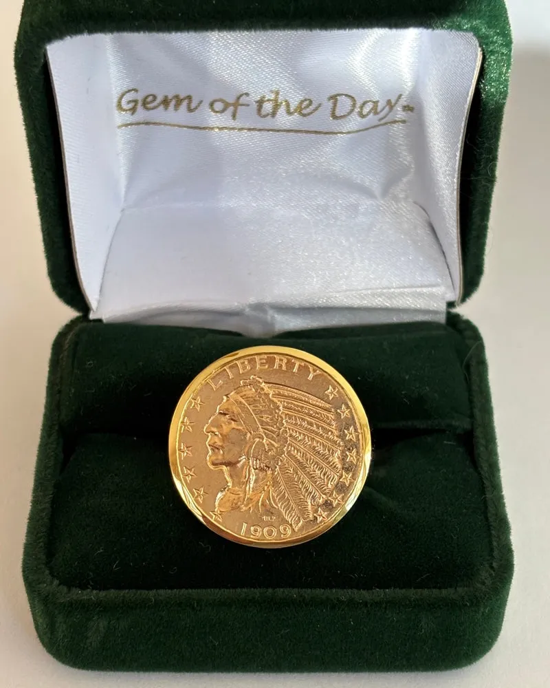 Men's Rare Half Eagle Indian Head Gold Coin Ring, Large and Dramatic, in Your Choice of  10k, 14k 0r 18k Gold