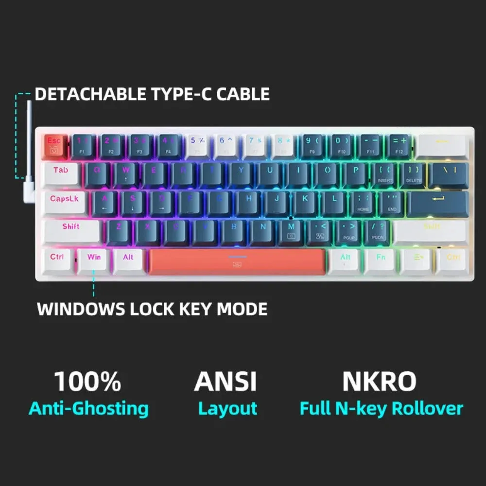 Mini Gaming Mechanical Keyboard 60% Form Hot-Swappable RGB Backlit