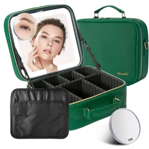 Mocado Travel Makeup Bag with LED Lighted Mirror,Travel Makeup Organizer,Makeup Case with 3 Color Lighted Setting and 10x Magnifying Mirror,Portable Storage and Adjustable Dividers Makeup Box(Green)