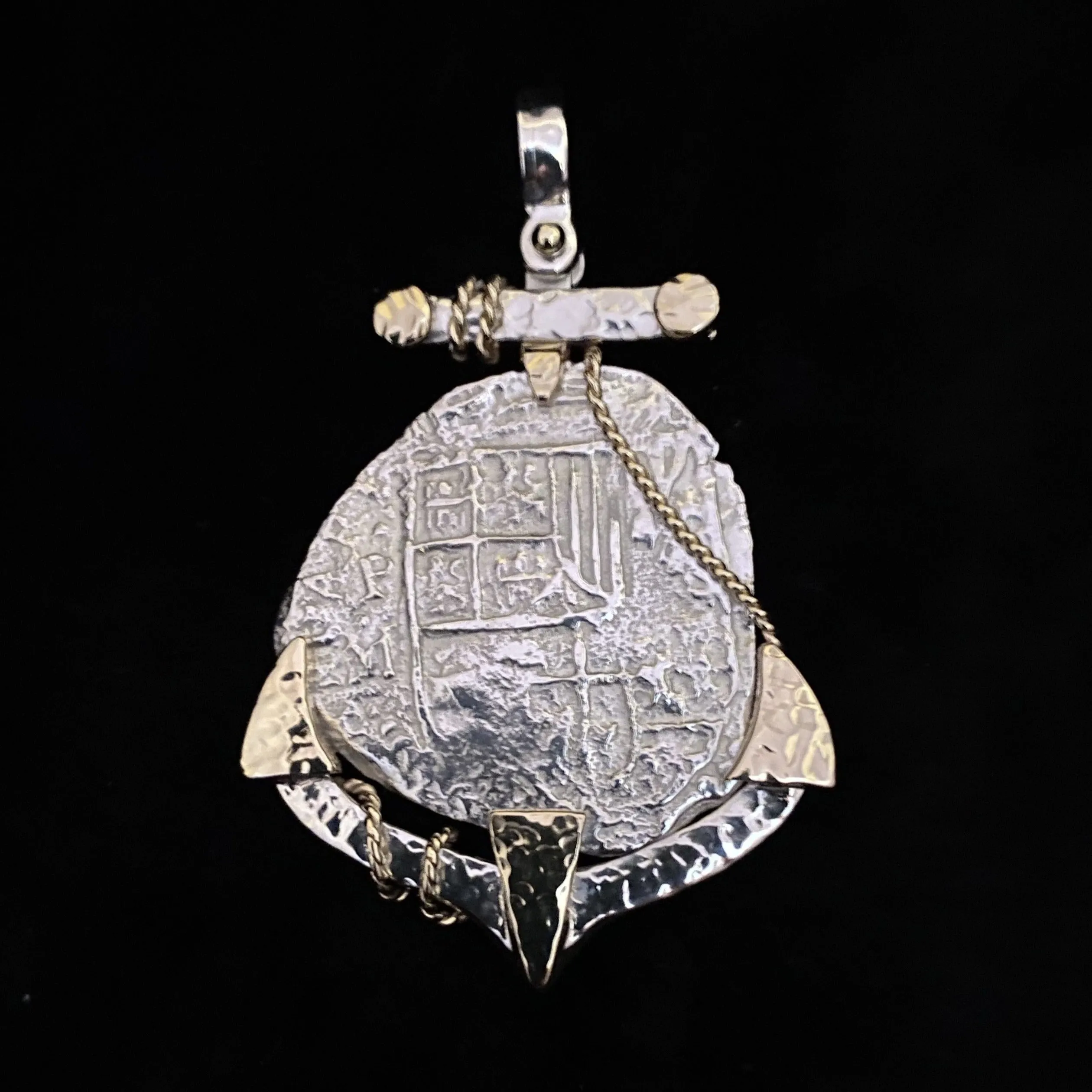 MOUNT SAMPLE - 14K/SS Anchor Hammered Mount on 4 Reale coin (coin not included)