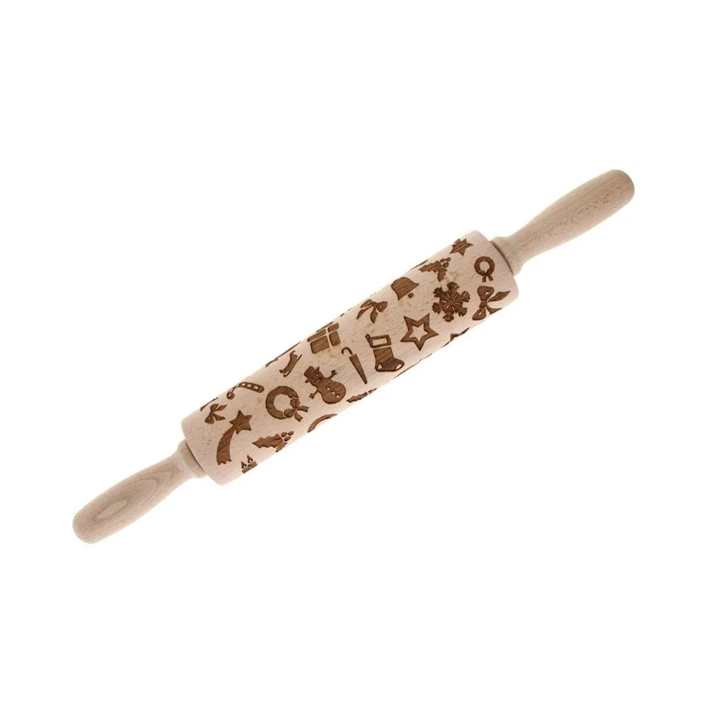 NEW Lucky Traders Christmas Holiday Wooden Embossed Rolling Pin Baking Cookies Biscuit Tool