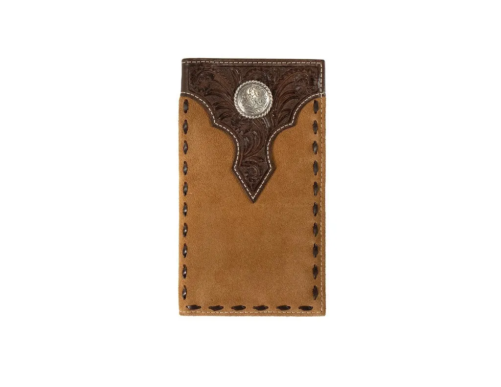 Nocona Mens Rodeo Style Wallet Floral Overlay Roughout Tan