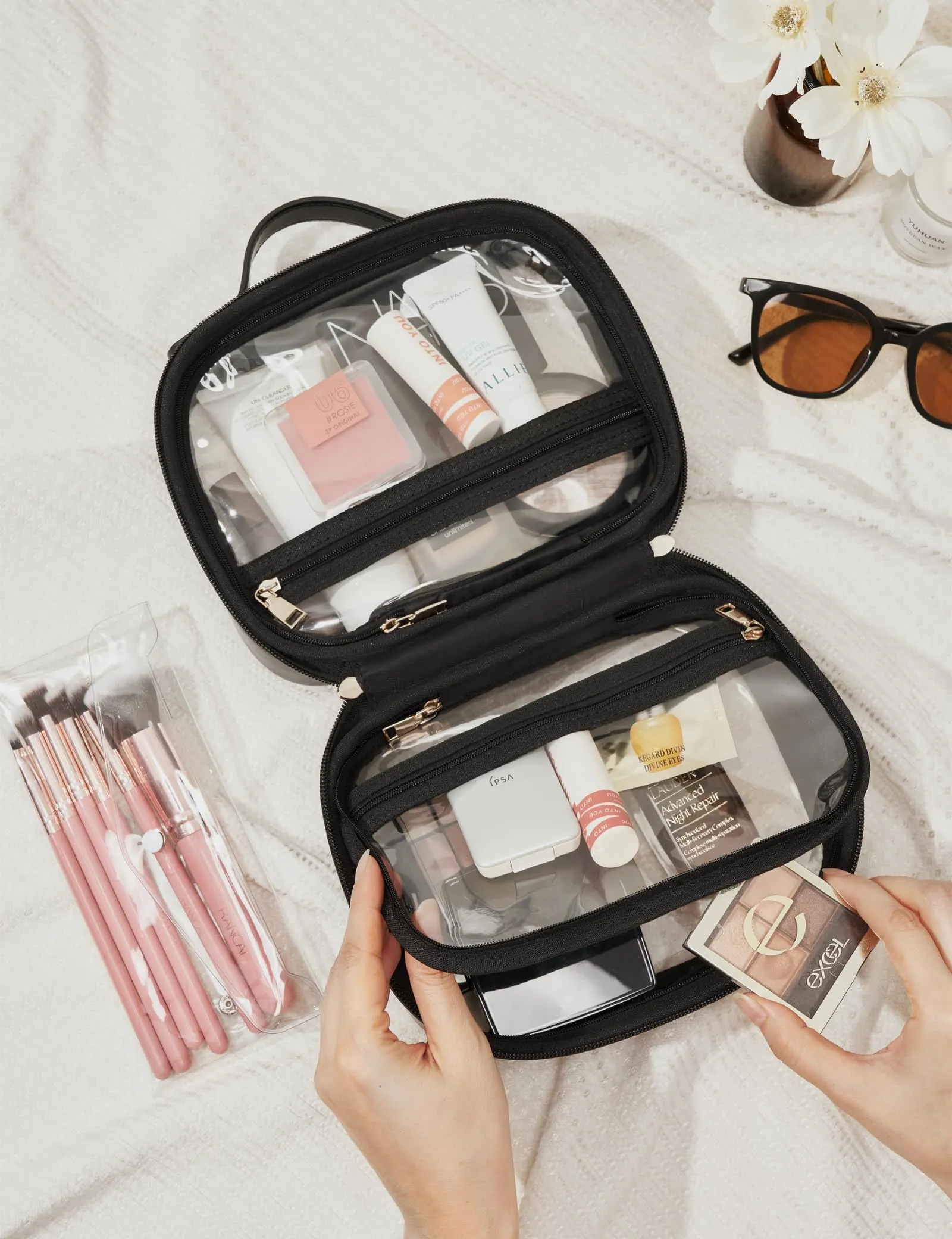 Oaque Clear Cosmetic Bag Double Layer Travel Toiletry Bag Clear Makeup Bag Case with Zipper Transparent Travel Bag for Toiletries, TSA Approved Toiletry Bag for Women Girls (Black)