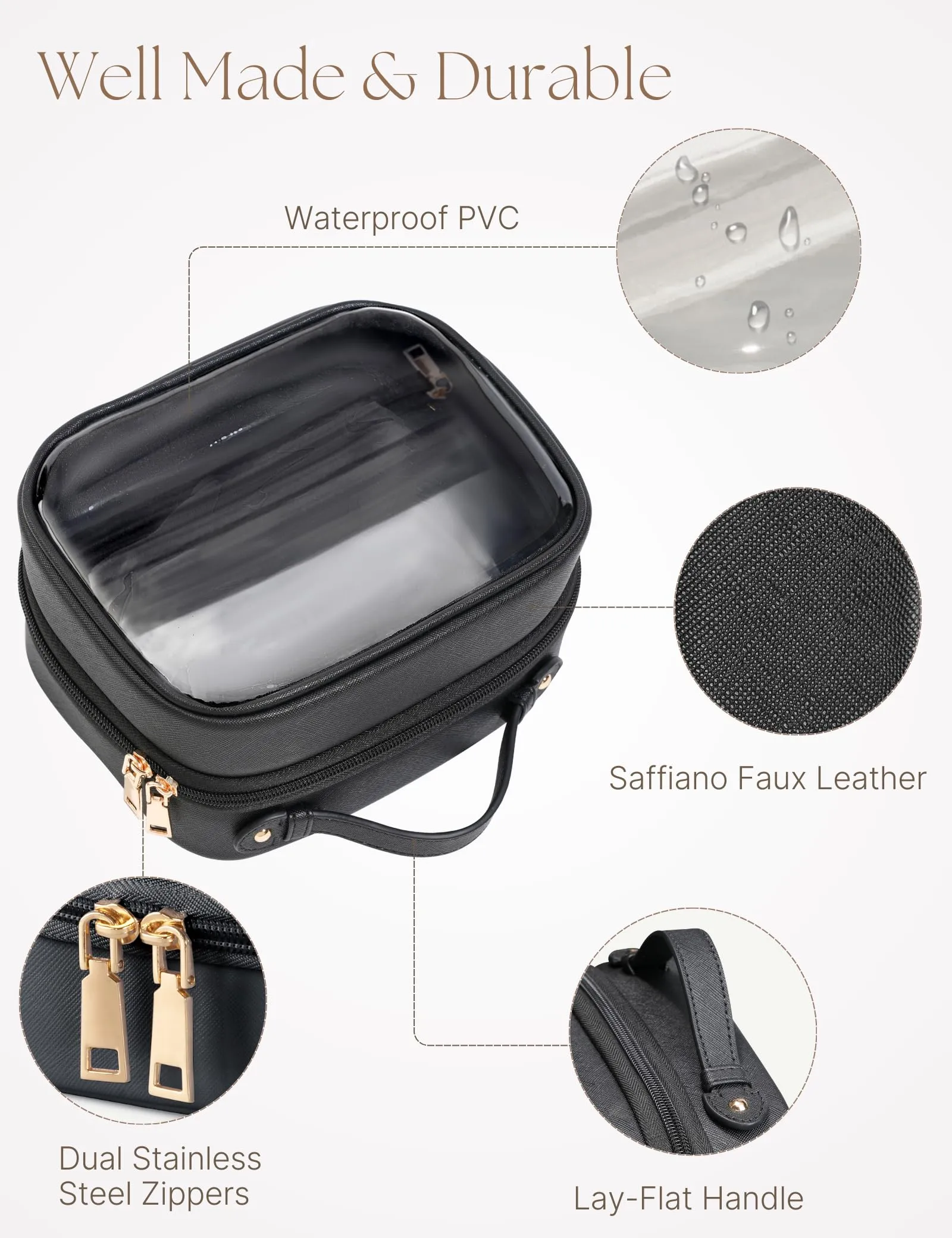 Oaque Clear Cosmetic Bag Double Layer Travel Toiletry Bag Clear Makeup Bag Case with Zipper Transparent Travel Bag for Toiletries, TSA Approved Toiletry Bag for Women Girls (Black)