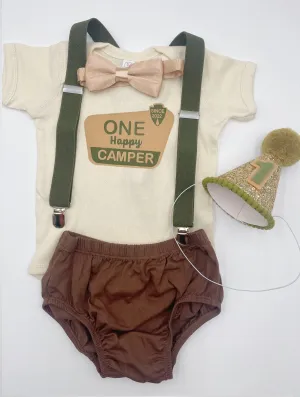 One Happy Camper First Birthday Baby boy Wild One Theme Smash the Cake Outfit Boy Birthday Outfit 5 Piece Set