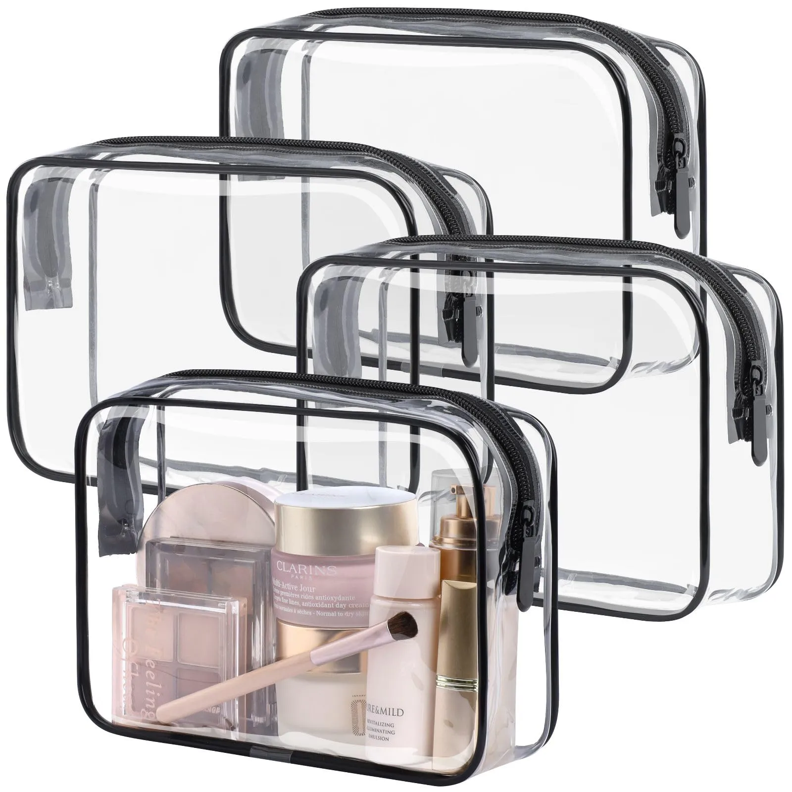 PACKISM Clear Makeup Bags, 4 Pack Quart Size Travel Bag TSA ApprovedTravel for Toiletries, Cosmetic Bags Carry on Clear Toiletry TSA Approved Toiletry, Black