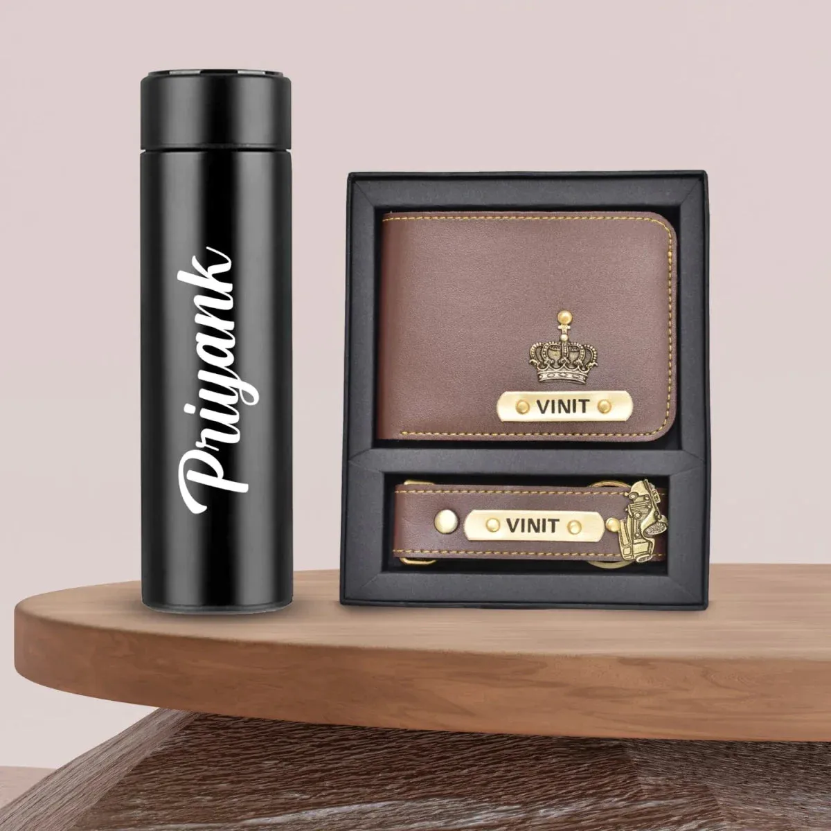 Personalised Bottle & Men's Combo (2 pcs) - Brown