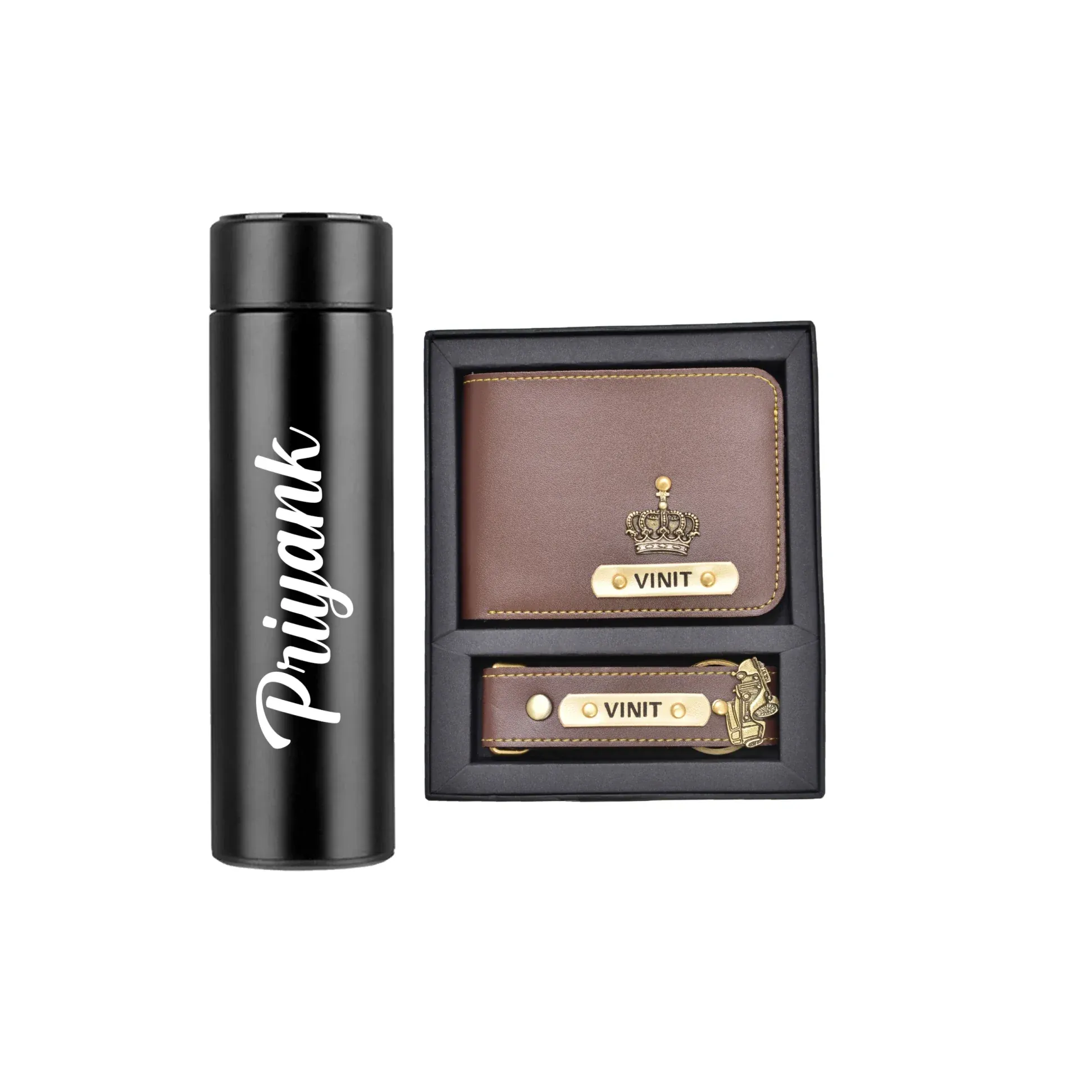 Personalised Bottle & Men's Combo (2 pcs) - Brown