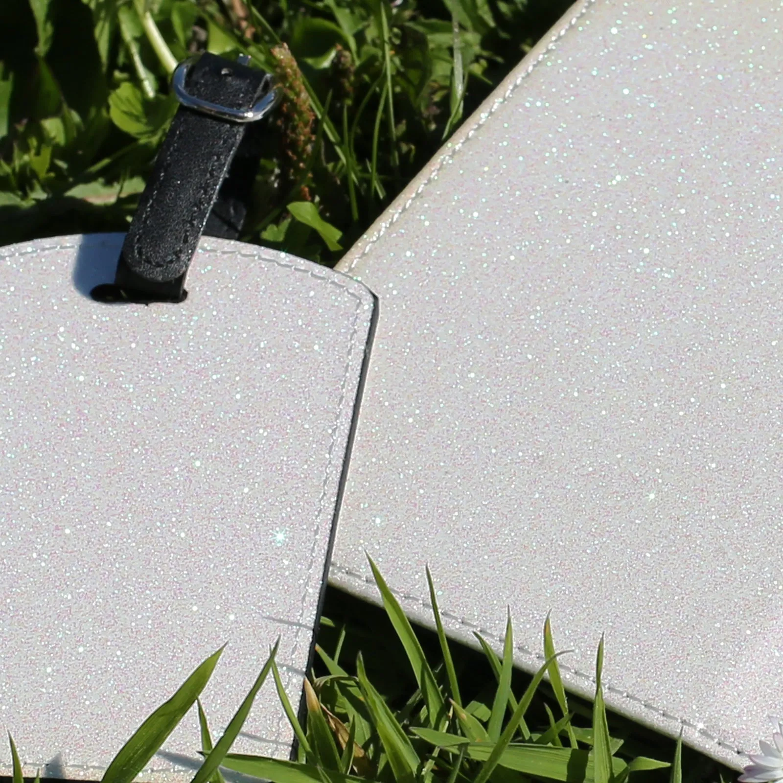Personalised Passport Case & Tag with Grey Marble & Text - White Glitter