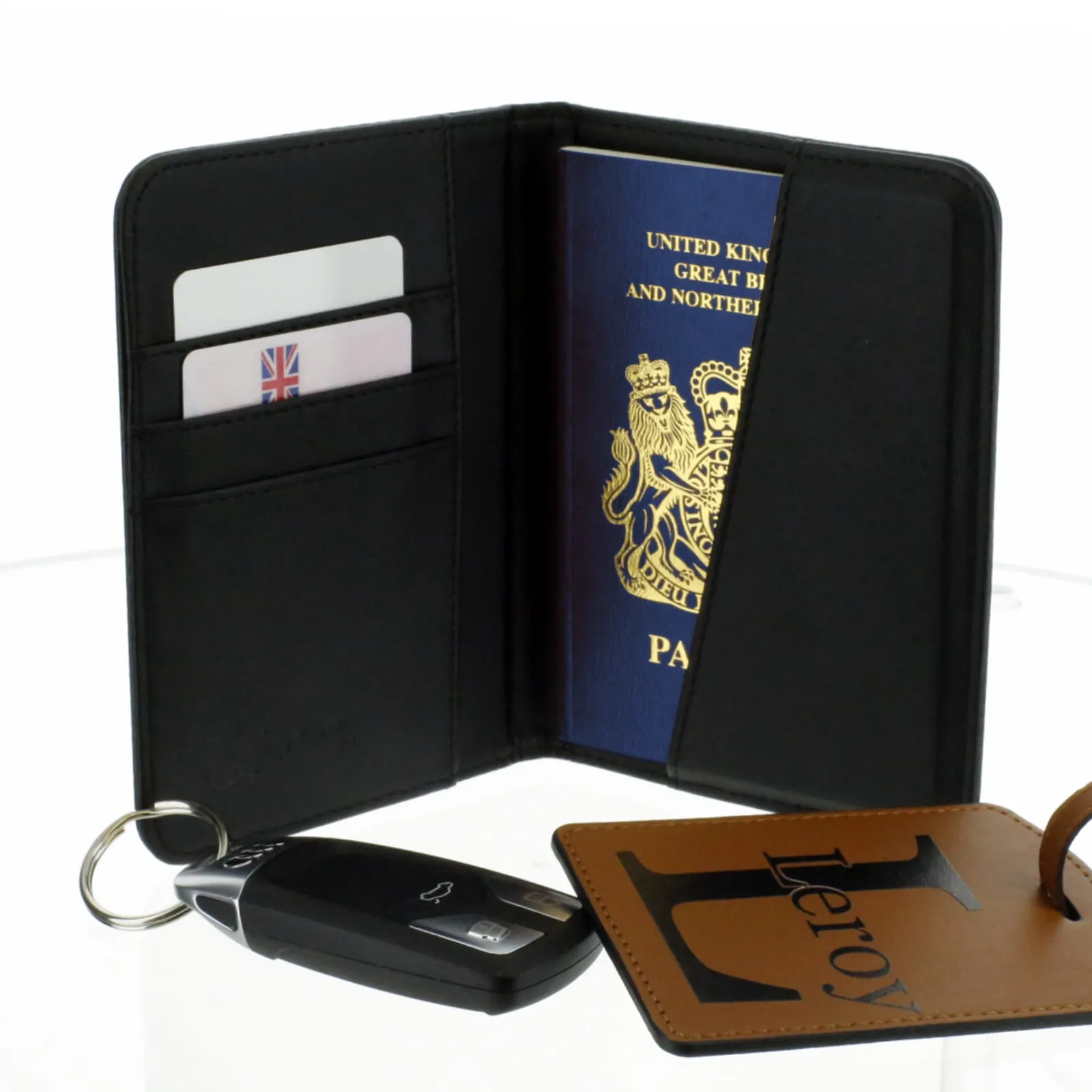 Personalised Passport Case & Tag with Grey Marble & Text - White Glitter