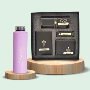 Personalised Pink Classic Smart Bottle (1 Litre) & All in One Men's Combo (4 pcs) - Black