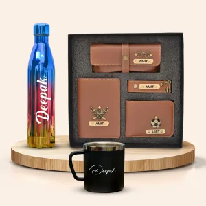 Personalized All in One Men's Combo (4 pcs) & Customized Rainbow Stainless Steel Water Bottles & Stainless Steel Mug - Tan