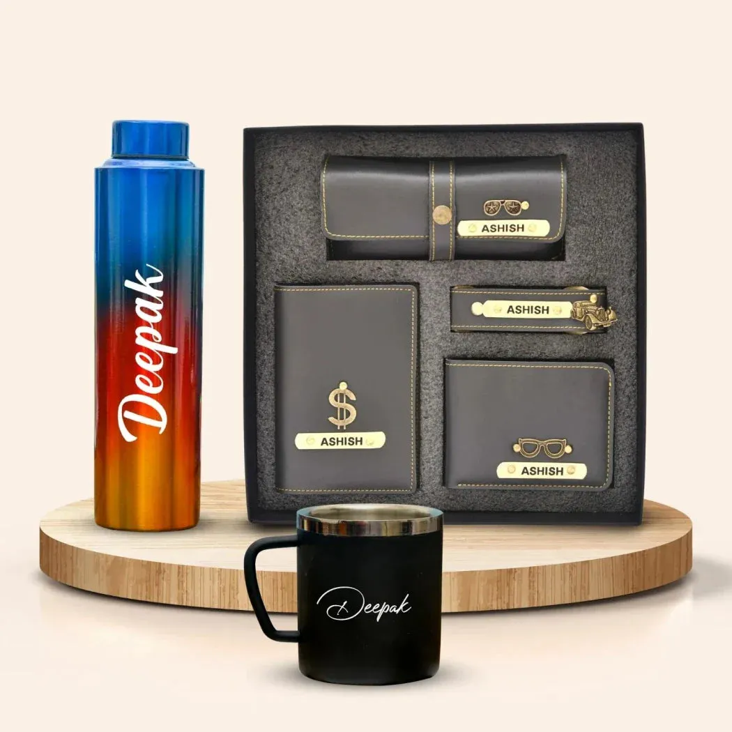 Personalized All in One Men's Combo (4 pcs) & Rainbow Classic Bottle 1Litre & Stainless Steel Mug - Grey
