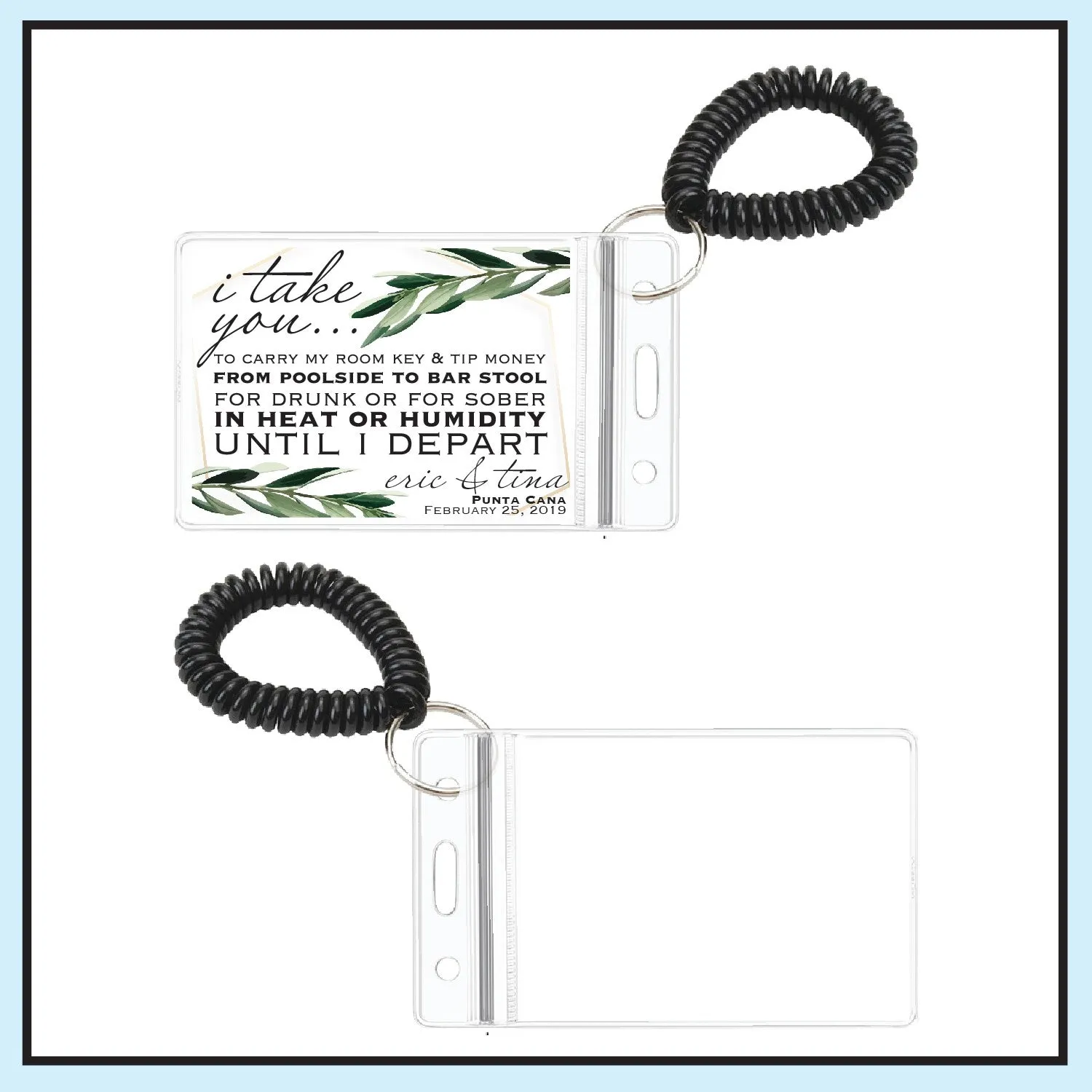 Personalized Destination Wedding Room Key Holder and Itinerary - Greenery