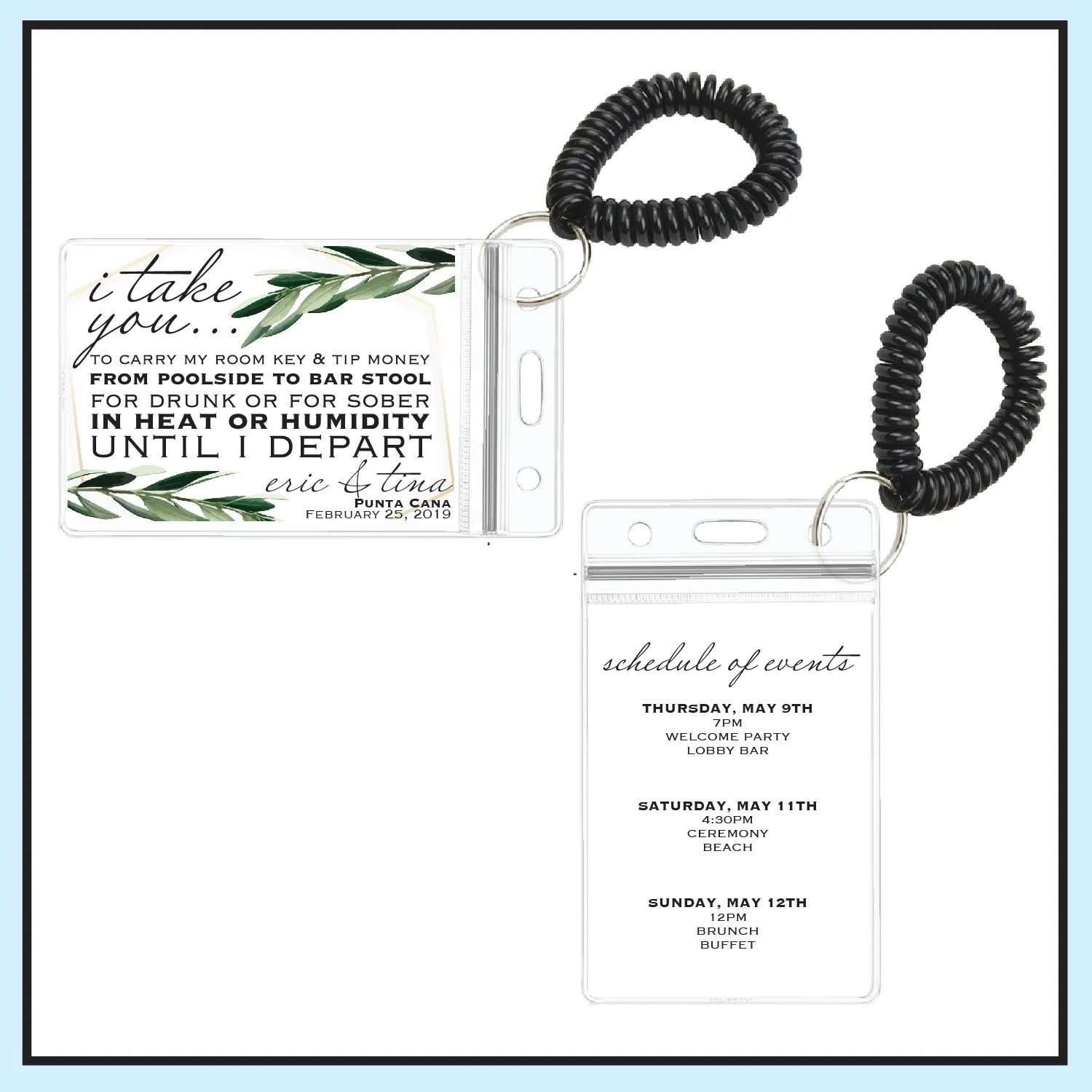 Personalized Destination Wedding Room Key Holder and Itinerary - Greenery